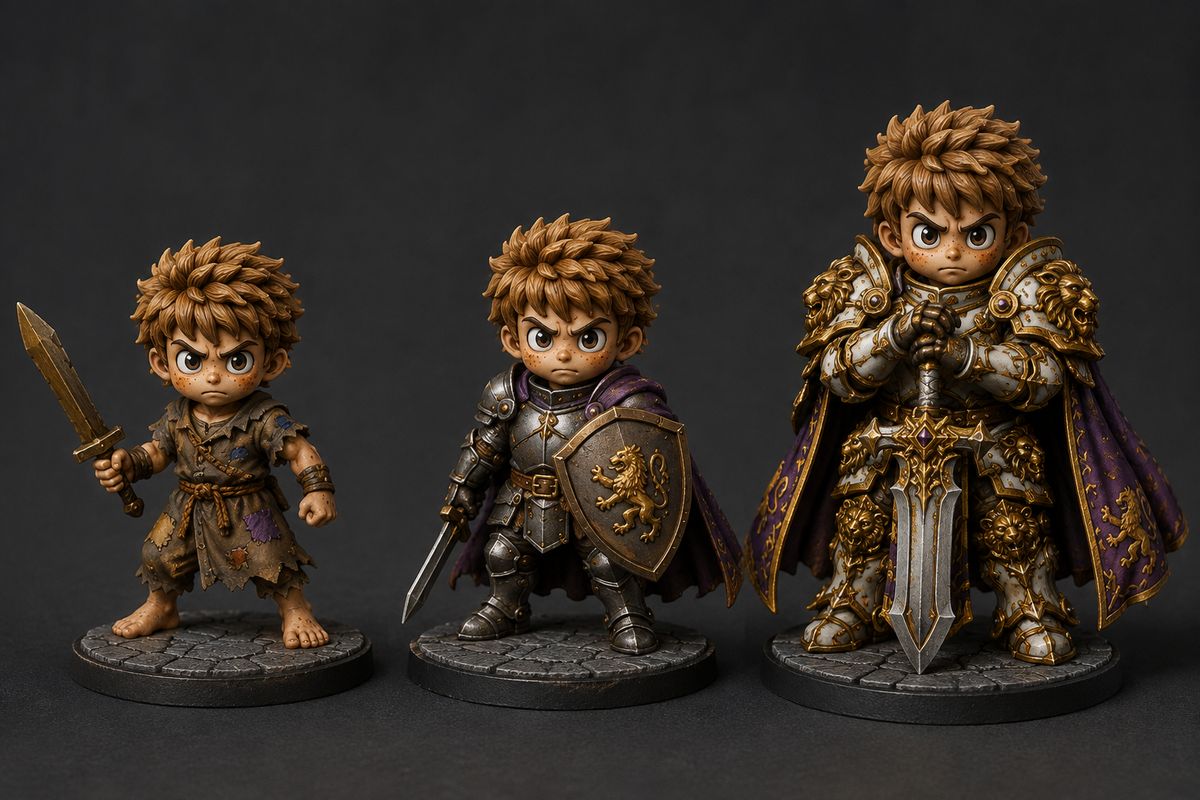 Three miniatures showing one character at three tiers